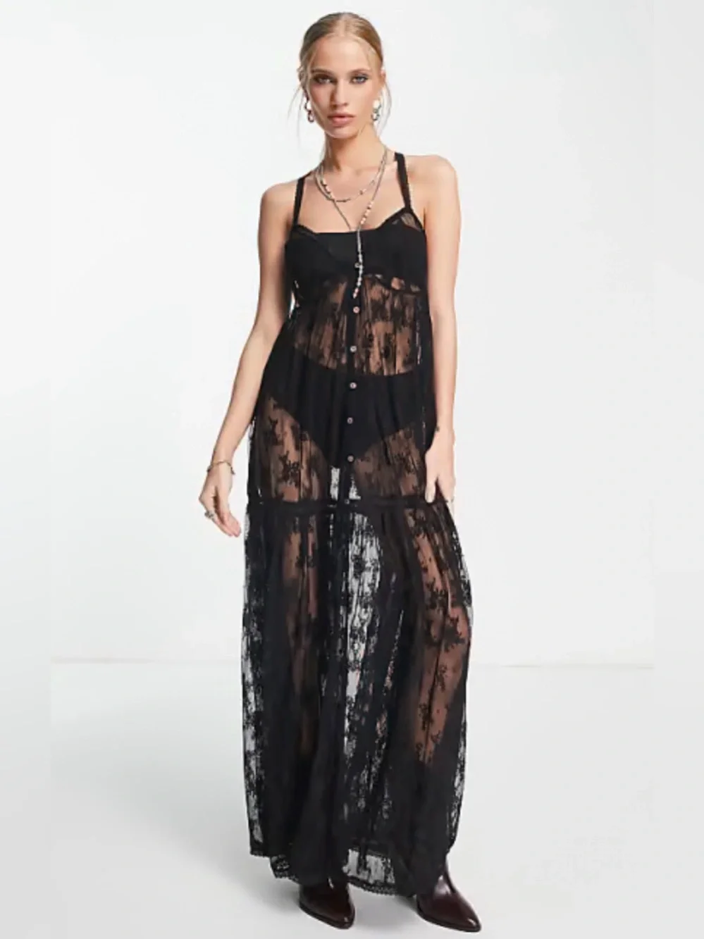 Free People In The Breeze Maxi Slip in Black Combo Sz Medium - Picture 3 of 11